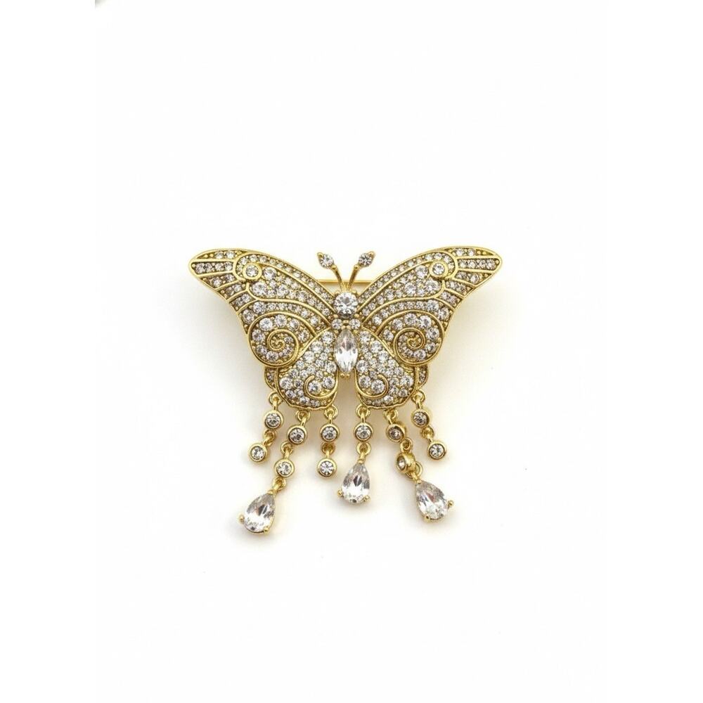 Elegant Gold Plated Butterfly Brooch Pin for Women White Crystals